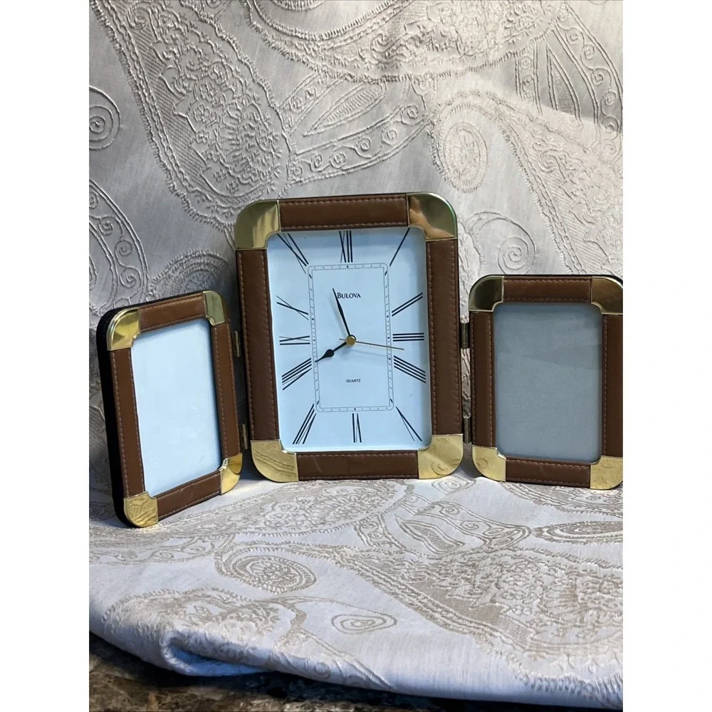 Bulova Folding Travel Clock Leather And Brass With 3 X 4.5 Photo Frames